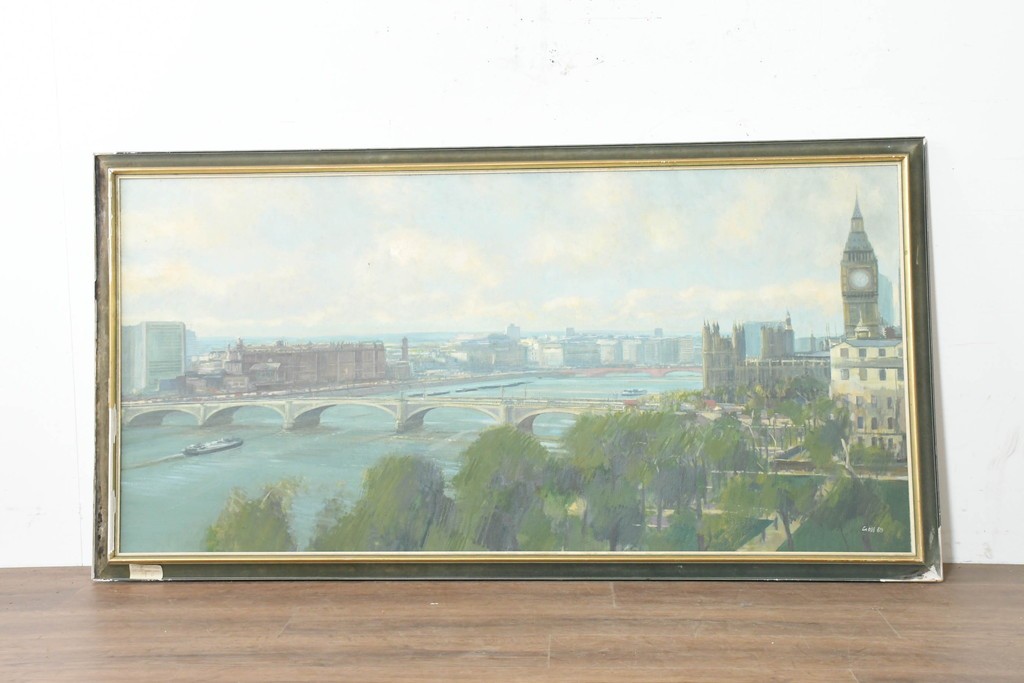 【簡易リペア限定品】　イギリスヴィンテージ　特大!!　肉筆油彩画　ロンドンを見下ろすパノラマ構図のインテリアアート　(R-089813)
