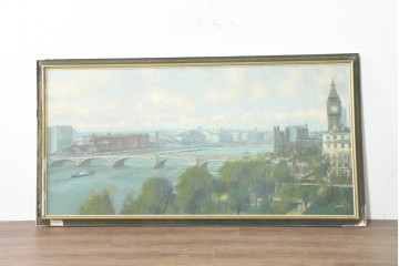 【簡易リペア限定品】　イギリスヴィンテージ　特大!!　肉筆油彩画　ロンドンを見下ろすパノラマ構図のインテリアアート　(R-089813)
