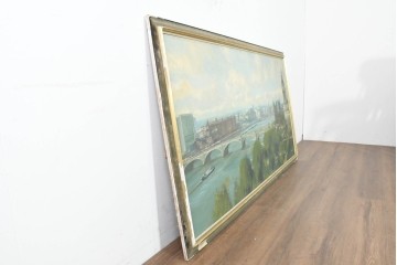 【簡易リペア限定品】　イギリスヴィンテージ　特大!!　肉筆油彩画　ロンドンを見下ろすパノラマ構図のインテリアアート　(R-089813)