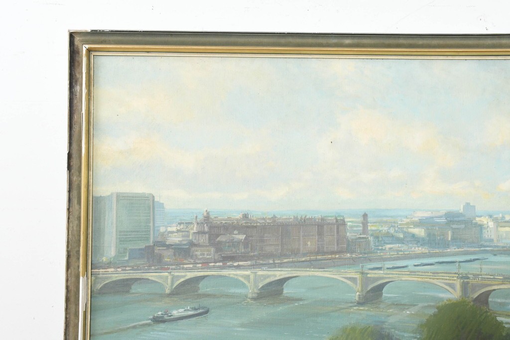 【簡易リペア限定品】　イギリスヴィンテージ　特大!!　肉筆油彩画　ロンドンを見下ろすパノラマ構図のインテリアアート　(R-089813)
