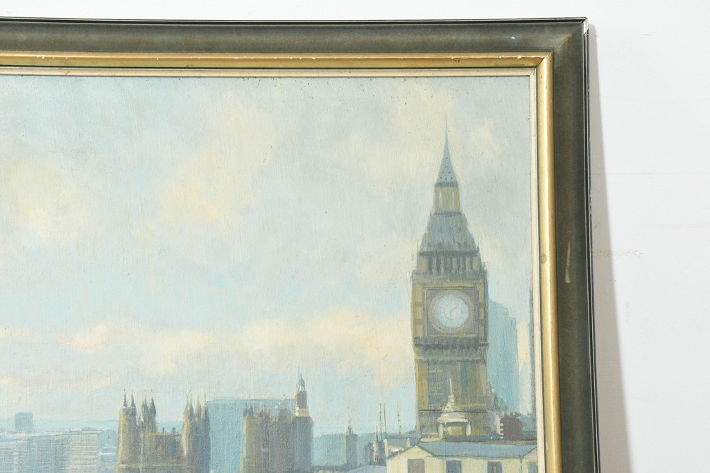 【簡易リペア限定品】　イギリスヴィンテージ　特大!!　肉筆油彩画　ロンドンを見下ろすパノラマ構図のインテリアアート　(R-089813)