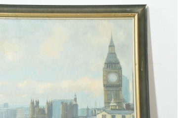 【簡易リペア限定品】　イギリスヴィンテージ　特大!!　肉筆油彩画　ロンドンを見下ろすパノラマ構図のインテリアアート　(R-089813)