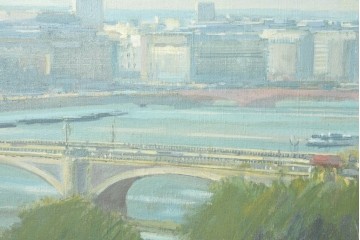 【簡易リペア限定品】　イギリスヴィンテージ　特大!!　肉筆油彩画　ロンドンを見下ろすパノラマ構図のインテリアアート　(R-089813)