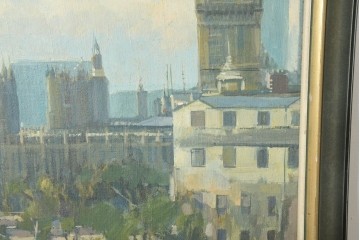 【簡易リペア限定品】　イギリスヴィンテージ　特大!!　肉筆油彩画　ロンドンを見下ろすパノラマ構図のインテリアアート　(R-089813)