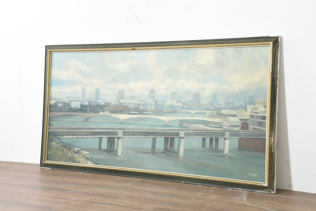 【簡易リペア限定品】　イギリスヴィンテージ　特大‼　肉筆油彩画　セント・ポール大聖堂が描かれたインテリアアート　(R-089814)