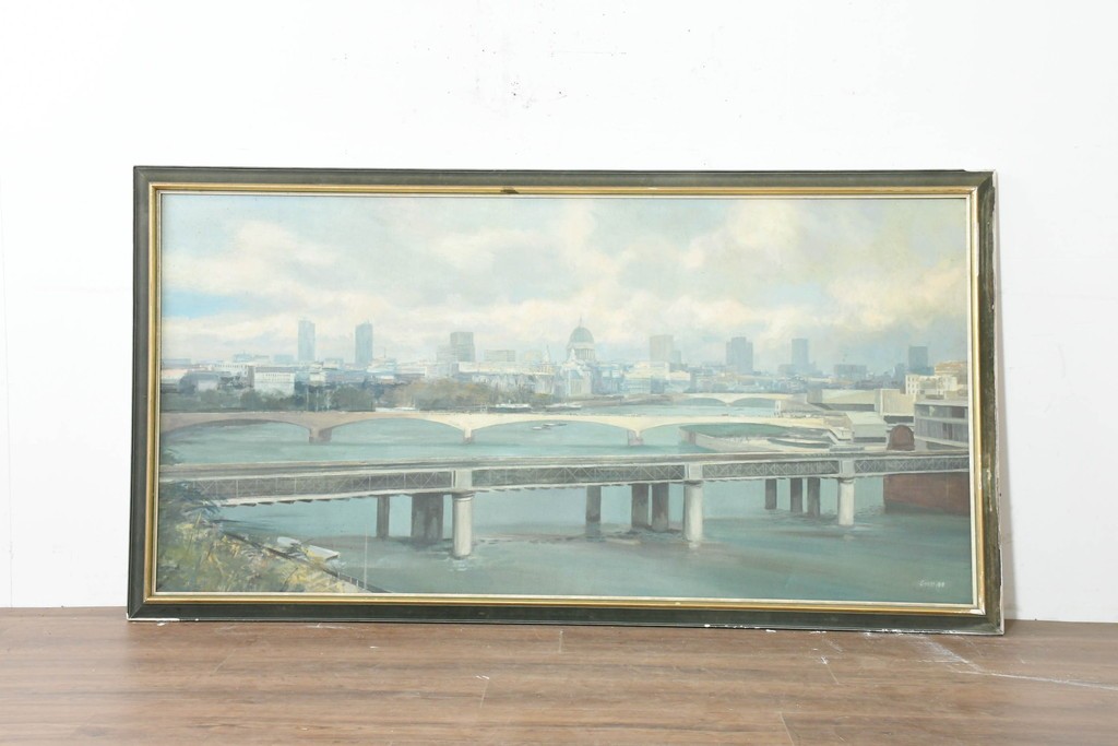 【簡易リペア限定品】　イギリスヴィンテージ　特大‼　肉筆油彩画　セント・ポール大聖堂が描かれたインテリアアート　(R-089814)