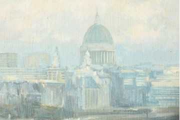 【簡易リペア限定品】　イギリスヴィンテージ　特大‼　肉筆油彩画　セント・ポール大聖堂が描かれたインテリアアート　(R-089814)