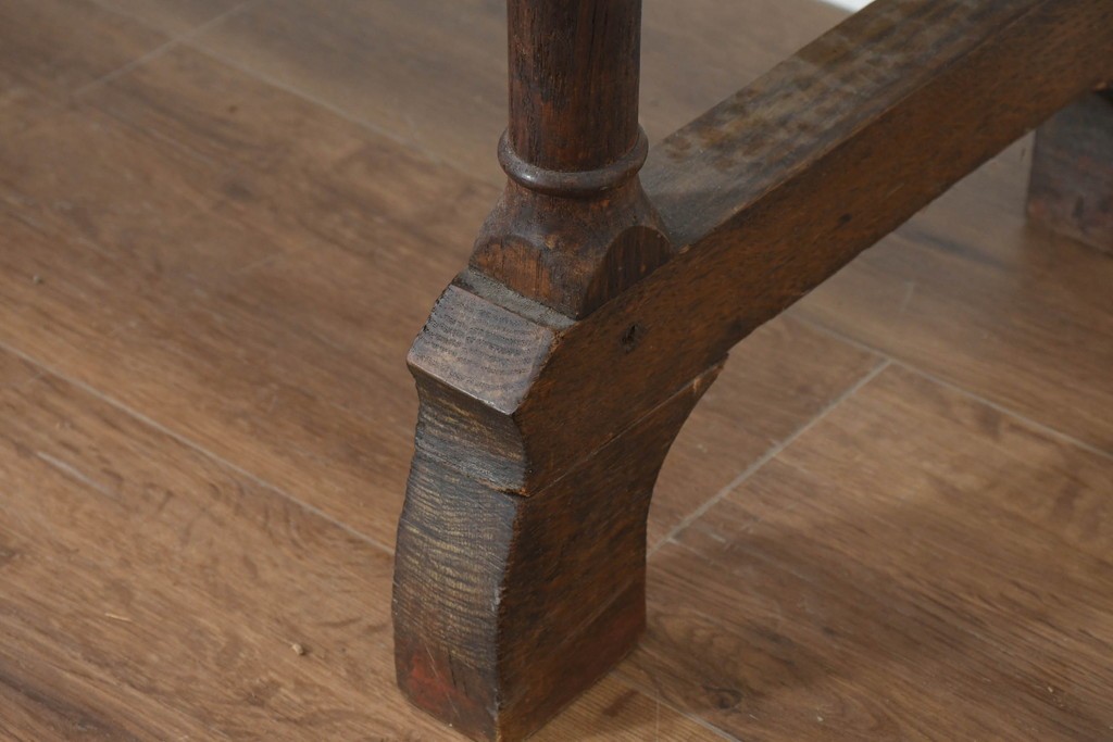 イギリスアンティーク　1900年頃　オーク材　素朴な木の風合いとターニングレッグが魅力のベンチ　(R-089835)