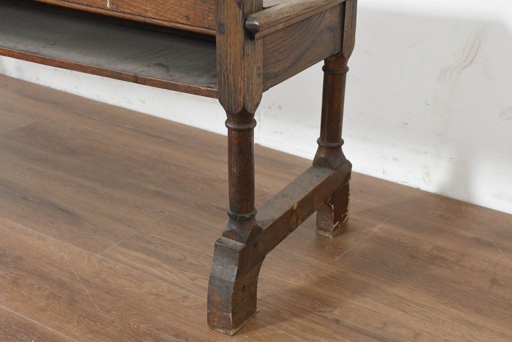 イギリスアンティーク　1900年頃　オーク材　素朴な木の風合いとターニングレッグが魅力のベンチ　(R-089835)