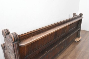イギリスアンティーク　1900年から1920年頃　上手物!!　オーク無垢材　凝った造りが魅力のチャーチベンチ　(R-089876)