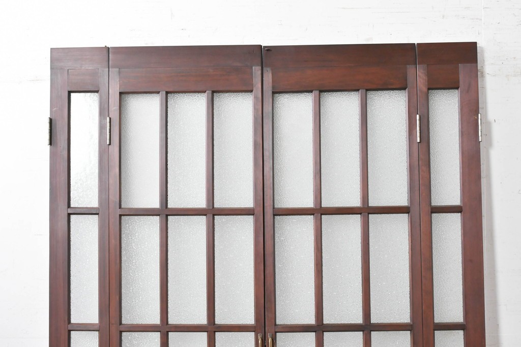 ヴィンテージ建具　昭和中期　格子デザインのガラス入り両開き折れ戸2枚(1対)セット　(R-089879)