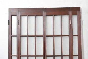ヴィンテージ建具　昭和中期　格子デザインのガラス入り両開き折れ戸2枚(1対)セット　(R-089879)