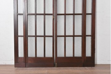 ヴィンテージ建具　昭和中期　格子デザインのガラス入り両開き折れ戸2枚(1対)セット　(R-089879)