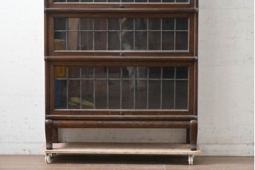 イギリスアンティーク　オーク材　ステンドグラス入りのスタッキングブックケース　(R-089881)
