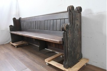 イギリスアンティーク　1900年から1920年頃　上手物!!　オーク無垢材　凝った造りが魅力のチャーチベンチ　(R-089892)