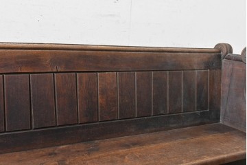 イギリスアンティーク　1900年から1920年頃　上手物!!　オーク無垢材　凝った造りが魅力のチャーチベンチ　(R-089896)