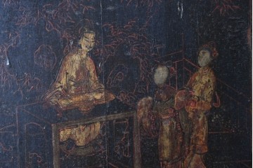 中国ヴィンテージ　アンティーク調　楼閣山水と博古図(ばっこず)が描かれたキャビネット　(R-089897)