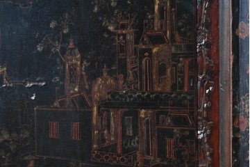 中国ヴィンテージ　アンティーク調　楼閣山水と博古図(ばっこず)が描かれたキャビネット　(R-089897)