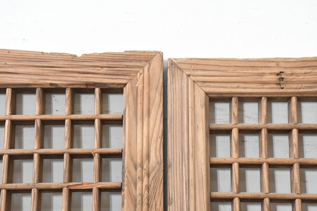中国アンティーク建具　1900年頃　端正な格子組みが趣深い両開き戸2枚(1対)セット　(R-089951)