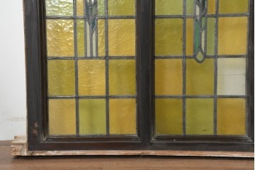 アンティーク建具　ステンドグラス入り　黄緑色のガラスと幾何学模様が美しいフィックス窓1枚　(R-089960)