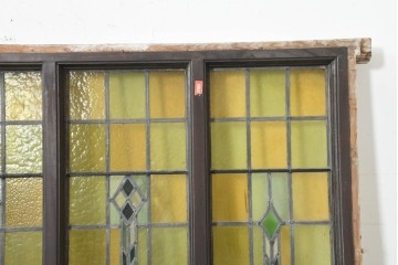 アンティーク建具　ステンドグラス入り　黄緑色のガラスと幾何学模様が美しいフィックス窓1枚　(R-089960)