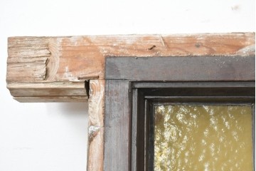 アンティーク建具　ステンドグラス入り　黄緑色のガラスと幾何学模様が美しいフィックス窓1枚　(R-089960)