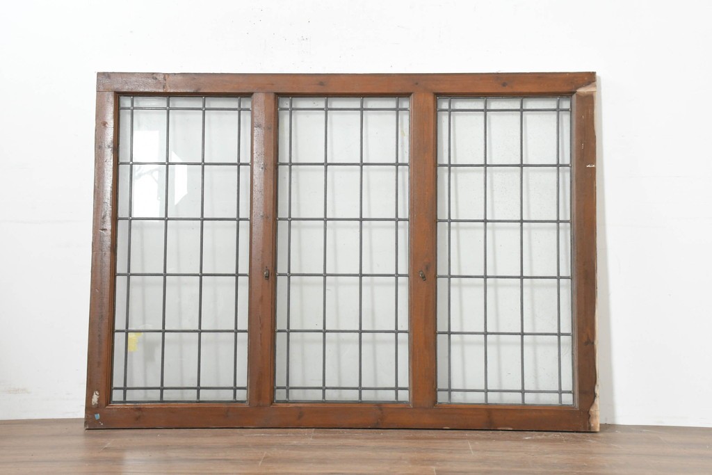 イギリスアンティーク建具　1920年頃　格子意匠が端正なステンドグラス入りフィックス窓1枚　(R-089962)