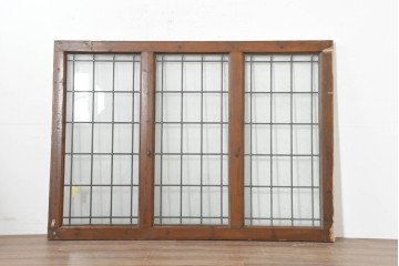 イギリスアンティーク建具　1920年頃　格子意匠が端正なステンドグラス入りフィックス窓1枚　(R-089962)