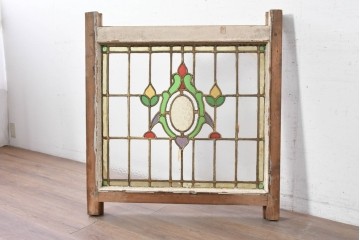 イギリスアンティーク建具　1930年頃　植物モチーフが美しいステンドグラス入り窓1枚　(R-089968)