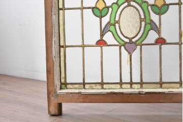 イギリスアンティーク建具　1930年頃　植物モチーフが美しいステンドグラス入り窓1枚　(R-089968)