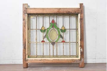 イギリスアンティーク建具　1930年頃　植物モチーフが美しいステンドグラス入り窓1枚　(R-089968)