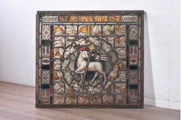 フランスアンティーク建具　1900年頃　エナメル絵付け　神の子羊を描いた荘厳なステンドグラス1枚　(R-089970)