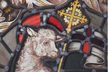 フランスアンティーク建具　1900年頃　エナメル絵付け　神の子羊を描いた荘厳なステンドグラス1枚　(R-089970)