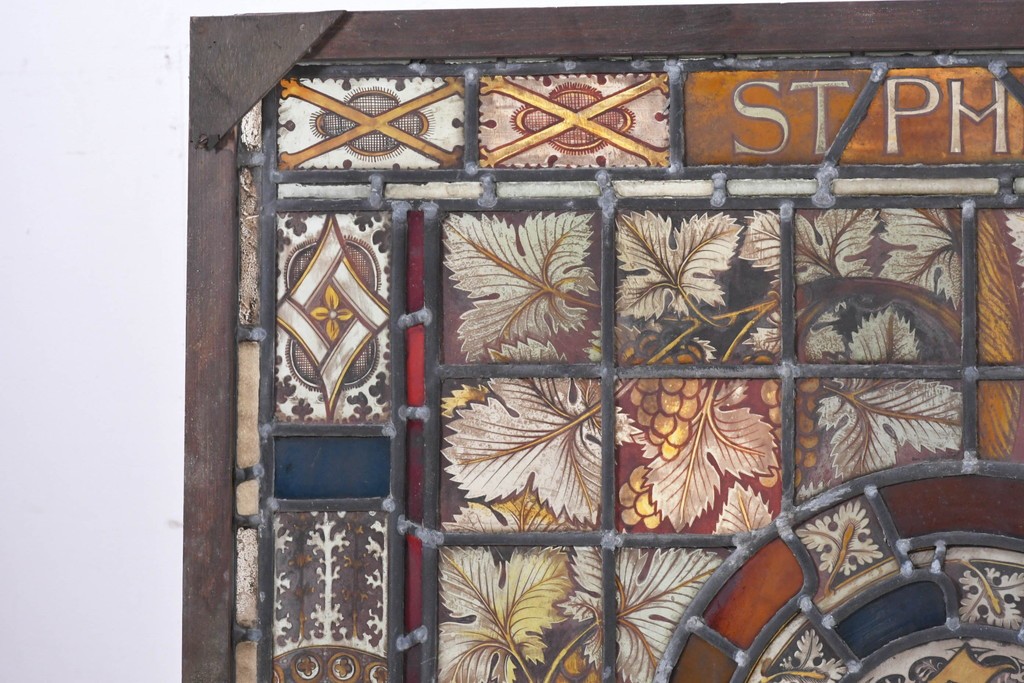 フランスアンティーク建具　1900年頃　エナメル絵付け　円形メダリオンと葡萄文様が印象的なステンドグラス1枚　(R-089972)