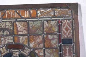 フランスアンティーク建具　1900年頃　エナメル絵付け　円形メダリオンと葡萄文様が印象的なステンドグラス1枚　(R-089972)