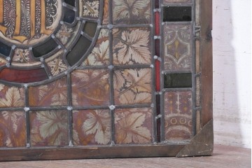 フランスアンティーク建具　1900年頃　エナメル絵付け　円形メダリオンと葡萄文様が印象的なステンドグラス1枚　(R-089972)