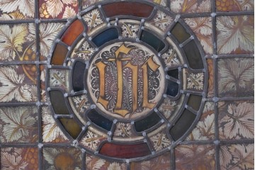 フランスアンティーク建具　1900年頃　エナメル絵付け　円形メダリオンと葡萄文様が印象的なステンドグラス1枚　(R-089972)