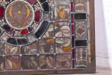 フランスアンティーク建具　1900年頃　装飾性豊かな円形意匠が目を引くステンドグラス1枚　(R-089973)