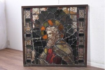 フランスアンティーク建具　1900年頃　エナメル絵付け　宗教美術の趣を感じる聖人像のステンドグラス2枚セット　(R-089975)