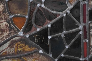 フランスアンティーク建具　1900年頃　エナメル絵付け　宗教美術の趣を感じる聖人像のステンドグラス2枚セット　(R-089975)