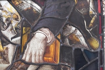 フランスアンティーク建具　1900年頃　エナメル絵付け　宗教美術の趣を感じる聖人像のステンドグラス2枚セット　(R-089975)