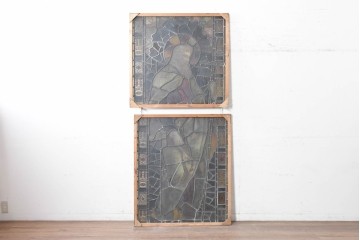 フランスアンティーク建具　1900年頃　エナメル絵付け　宗教美術の趣を感じる聖人像のステンドグラス2枚セット　(R-089975)