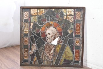 フランスアンティーク建具　1900年頃　エナメル絵付け　聖人を描いた荘厳なステンドグラス2枚セット　(R-089976)