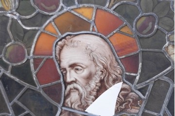 フランスアンティーク建具　1900年頃　エナメル絵付け　聖人を描いた荘厳なステンドグラス2枚セット　(R-089976)