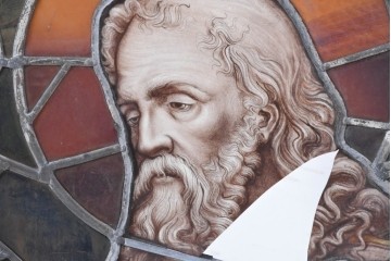 フランスアンティーク建具　1900年頃　エナメル絵付け　聖人を描いた荘厳なステンドグラス2枚セット　(R-089976)