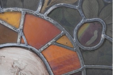 フランスアンティーク建具　1900年頃　エナメル絵付け　聖人を描いた荘厳なステンドグラス2枚セット　(R-089976)
