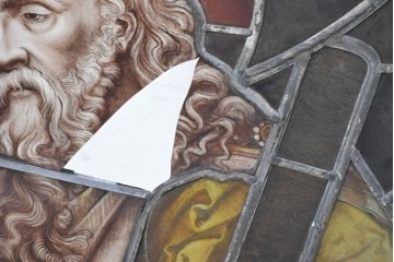 フランスアンティーク建具　1900年頃　エナメル絵付け　聖人を描いた荘厳なステンドグラス2枚セット　(R-089976)