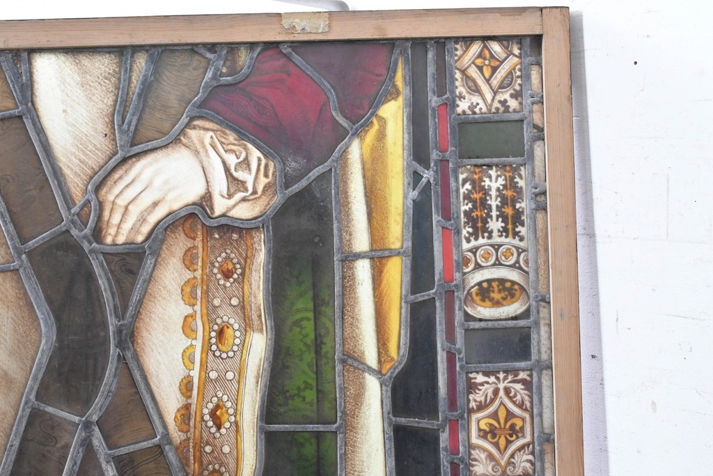 フランスアンティーク建具　1900年頃　エナメル絵付け　聖人を描いた荘厳なステンドグラス2枚セット　(R-089976)