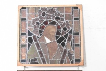 フランスアンティーク建具　1900年頃　エナメル絵付け　聖人を描いた荘厳なステンドグラス2枚セット　(R-089976)