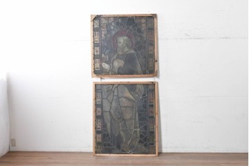 フランスアンティーク建具　1900年頃　エナメル絵付け　鍵と書物を手にした聖人が印象的なステンドグラス2枚セット　(R-089977)